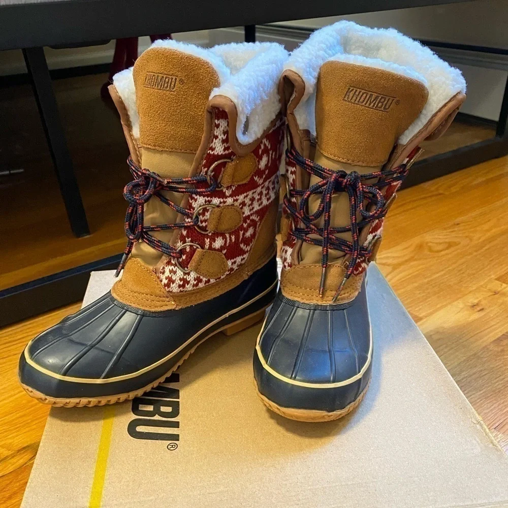 Khombu Snow Fur Sherpa Winter Ankle Boots Tan fair isle size Women 6 | 5.5